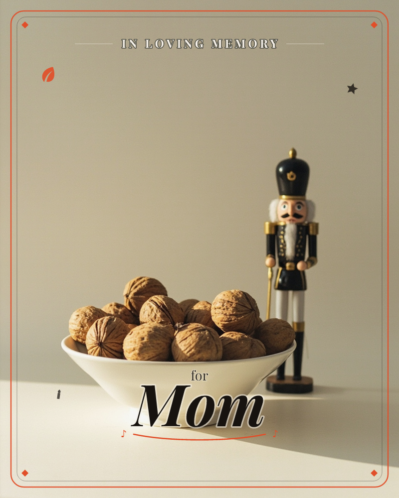 A white bowl piled with whole walnuts sits beside a small painted nutcracker figure on a plain tabletop, lit by soft natural light against a warm beige…, a memory e-card design