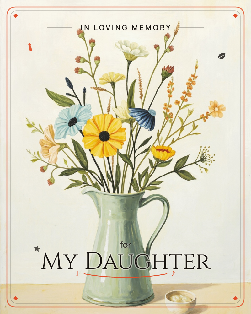 A tall sage-green ceramic pitcher holds a loose bunch of wildflowers on a plain cream backdrop, with a small white bowl sitting beside it on the tabletop, a memory e-card design