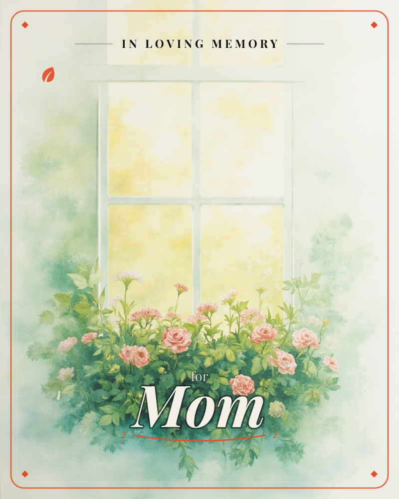 A white-paned window glows with soft golden light behind hazy panes, its sill overflowing with pink roses and small daisies tangled in green leaves, a memory e-card design