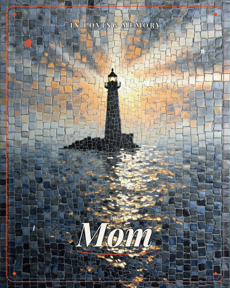 A dark lighthouse stands alone on a rocky islet as the sun sets directly behind it, radiating bands of gold and amber light across a mosaic-tiled sky…, a memory e-card design