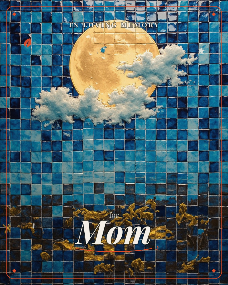 A golden full moon glows against a sky rendered entirely in small glazed mosaic tiles, ranging from deep midnight blue to bright turquoise, a memory e-card design