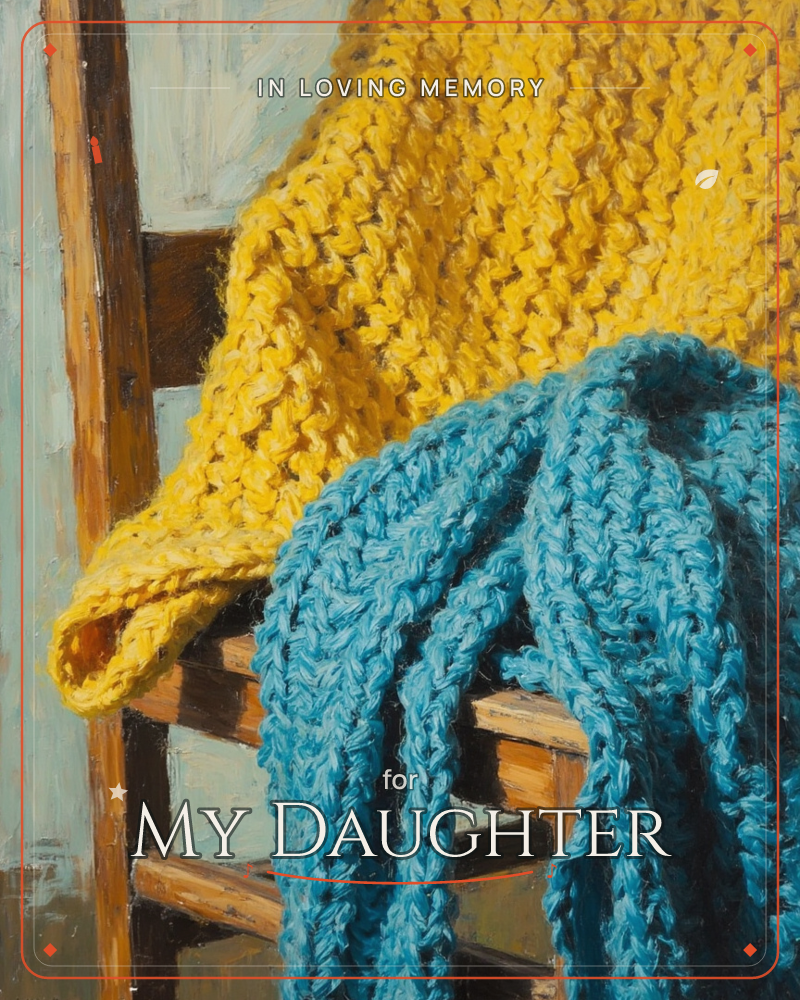A close-up still life shows a chunky mustard-yellow knitted blanket and a thickly braided teal throw draped over the worn wooden slats of an old chair, a memory e-card design