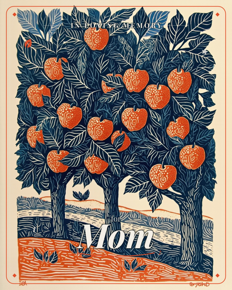 A trio of stylised trees stands heavy with round orange apples, their navy leaves carved in bold linocut patterns against a soft cream backdrop, a memory e-card design