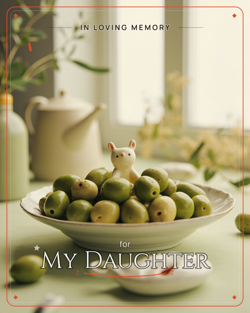 A shallow bowl heaped with plump green olives sits on a soft sage tablecloth, with a tiny white ceramic rabbit peeking out from the top of the pile, a memory e-card design
