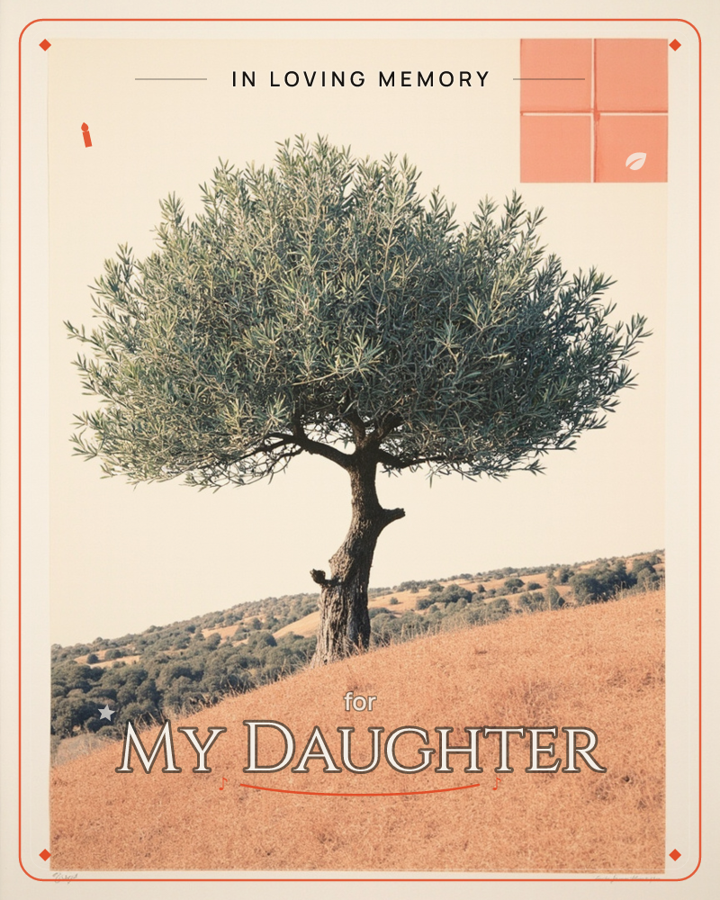 A lone olive tree stands rounded and full on a sun-baked golden hillside, its silvery-green canopy catching soft afternoon light against a pale sky, a memory e-card design