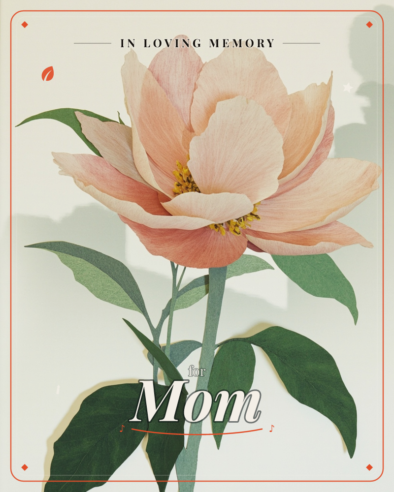 A single peony blossom in soft peach and coral tones fills the page, its layered petals shown in crisp paper-cut detail against a pale cream background, a memory e-card design