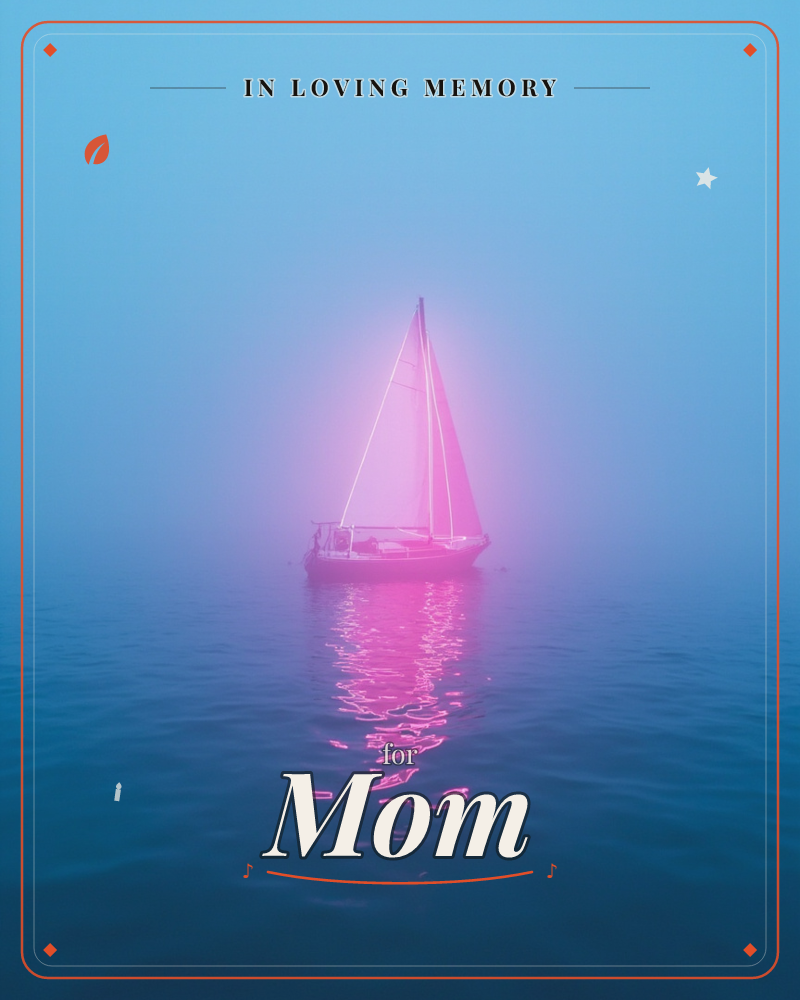 A lone sailboat drifts on still water, its sails glowing hot pink against a hazy blue twilight, a memory e-card design