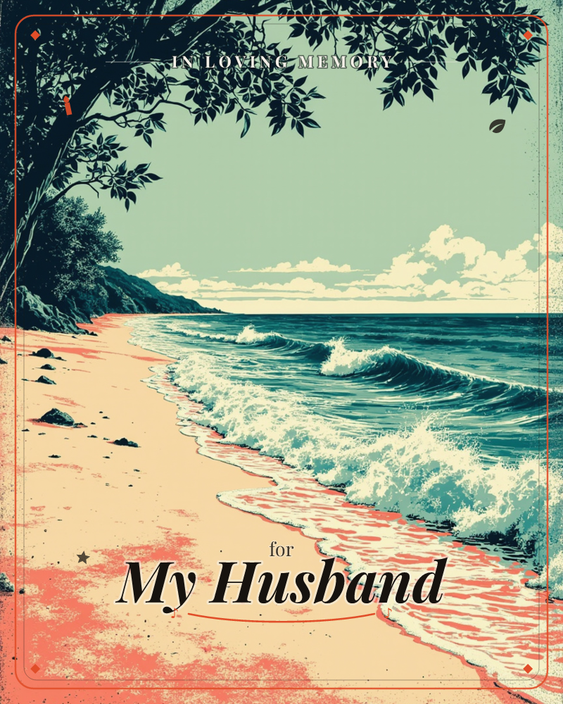 A curved shoreline sweeps past dark overhanging tree branches toward a headland in the distance, with teal waves rolling in and foam washing up over…, a memory e-card design