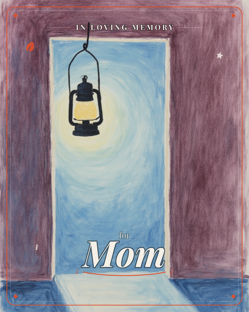 A black metal lantern hangs from a hook inside an open doorway, its glass casting a warm glow against a swirling blue backdrop, a memory e-card design