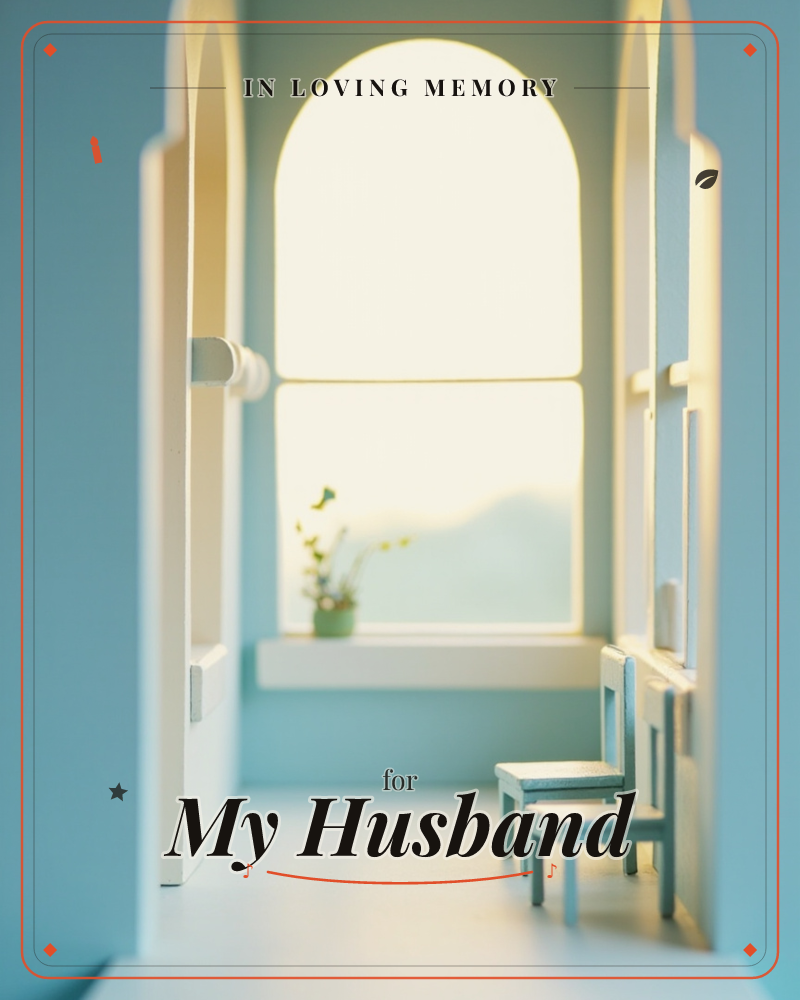 A miniature dollhouse-style hallway opens through a door to a tall arched window glowing with soft daylight, a tiny potted plant resting on the sill, a memory e-card design