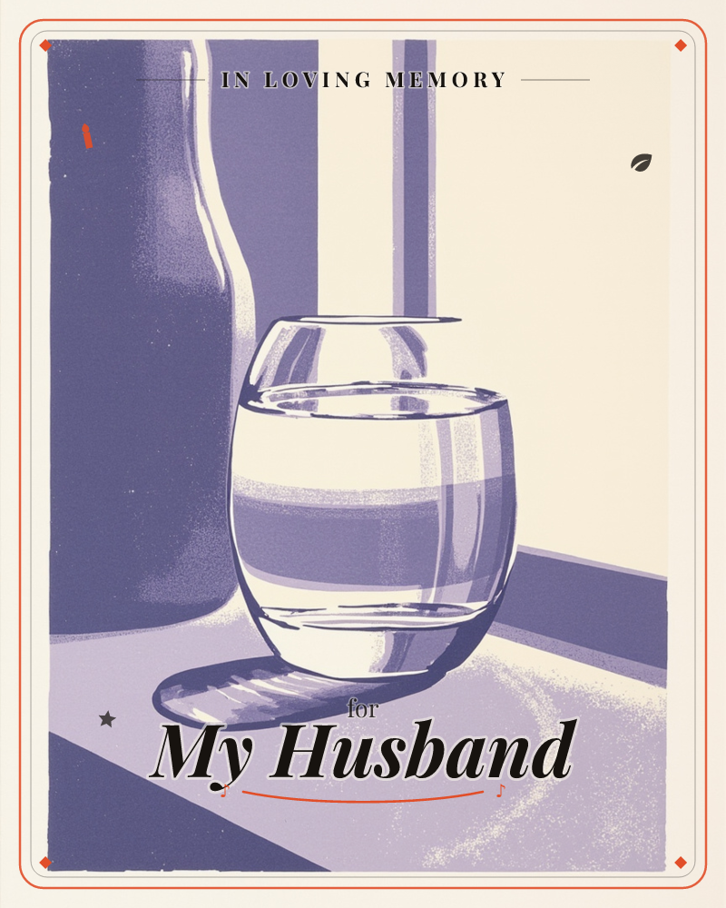 A stylised still life shows a rounded glass tumbler and a tall bottle standing on a windowsill, rendered entirely in layered shades of violet and cream, a memory e-card design