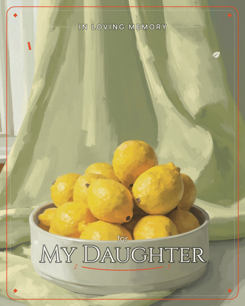 A white ceramic bowl piled high with bright yellow lemons sits against a soft sage-green curtain, its folds catching the light near a sunlit window, a memory e-card design