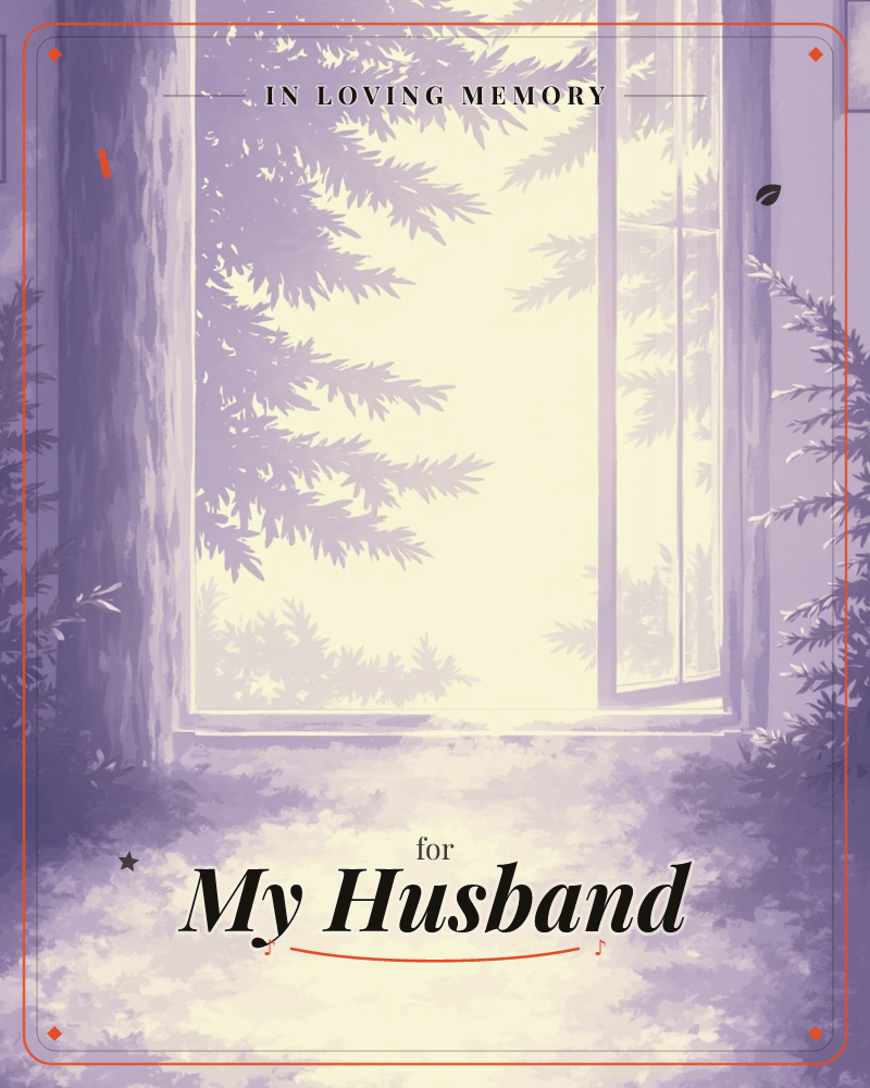 An open window lets bright, glowing light spill across a quiet wooden floor, with pine branches pressing close against the glass from outside, a memory e-card design