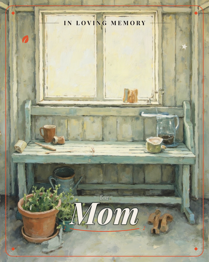 A weathered wooden potting bench sits beneath a pair of sunlit windows inside a garden shed, its pale blue-green paint chipped from years of use, a memory e-card design