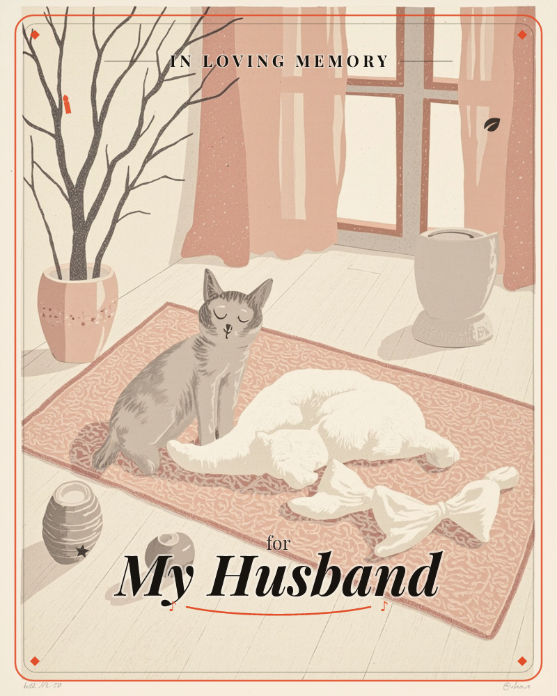 Two cats rest together on a patterned pink rug beside a sunlit window, a grey cat sits upright with eyes closed while a white cat lies stretched out…, a memory e-card design