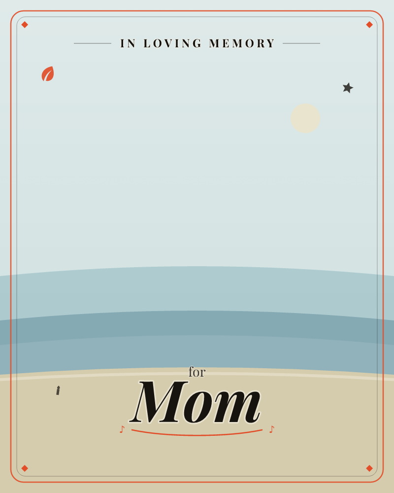 A minimalist coastal scene shows a pale sandy shore meeting layered bands of blue-grey sea, with a soft hazy sun sitting low in a misty sky, a memory e-card design by @DittyCityTeam