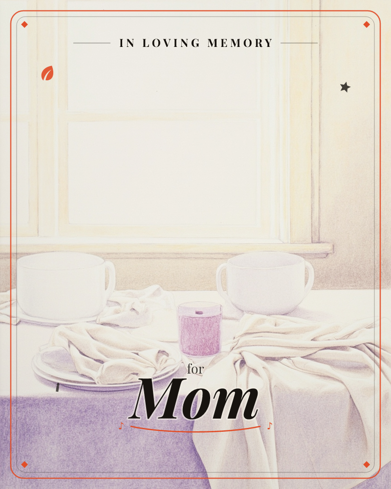 A quiet table is set before a tall bright window, holding two round white handled bowls, a small pink candle, and a stack of plates draped with soft…, a memory e-card design