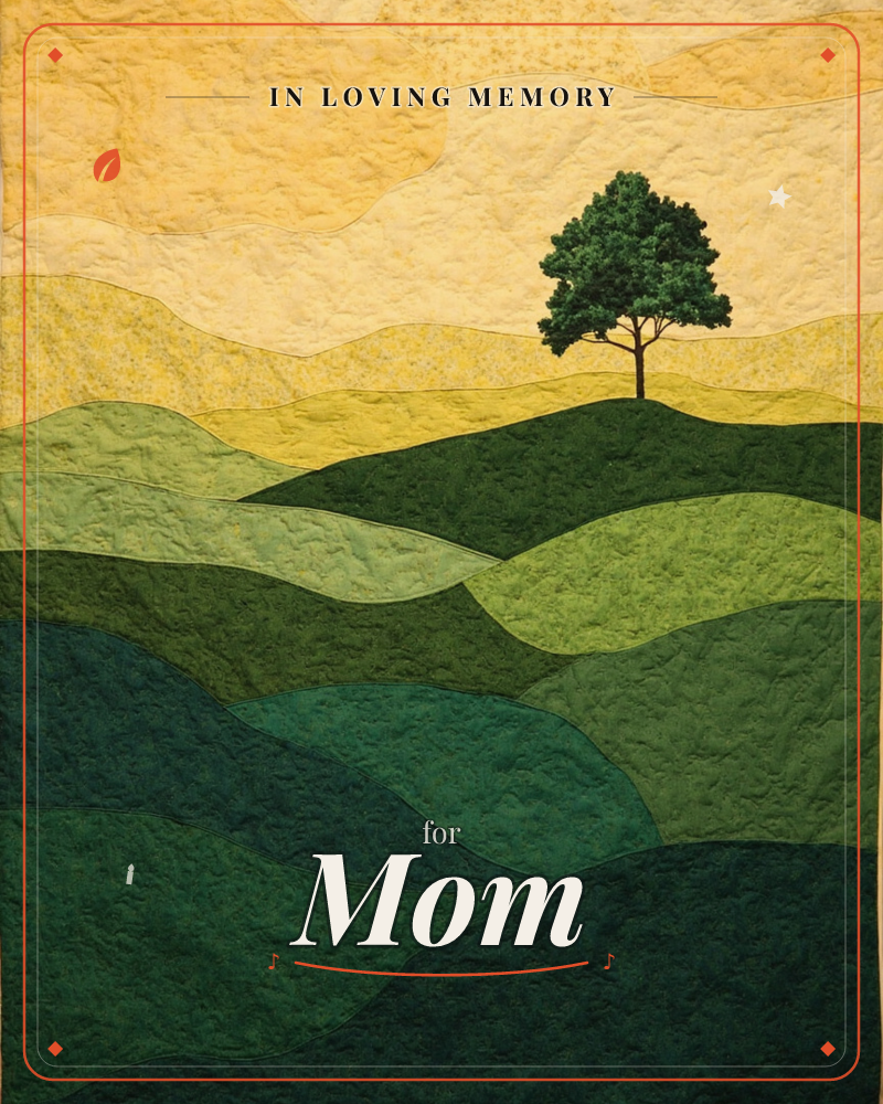 A quilted-fabric landscape of rolling green hills rises toward a single tree standing alone on the highest ridge, its dark leafy canopy set against a…, a memory e-card design