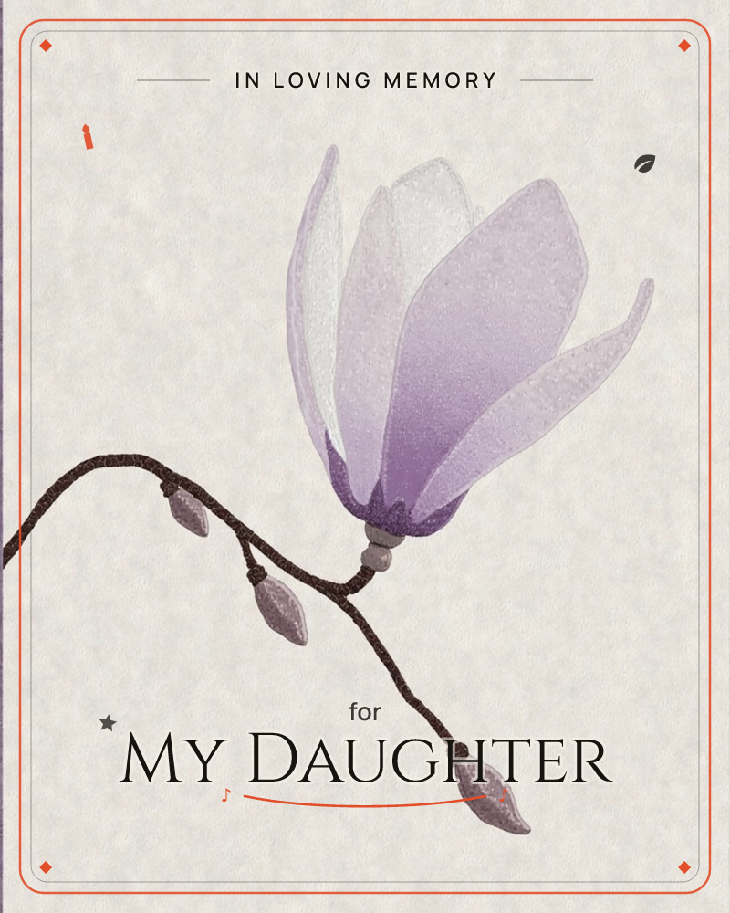 A single magnolia bloom opens in soft lavender and white against a pale textured background, its dark curving branch trailing three unopened buds below, a memory e-card design