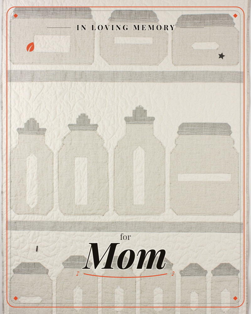 A quilted textile illustration shows rows of pantry jars lined up on shelves, each stitched from soft linen-toned fabric with a darker striped lid and…, a memory e-card design