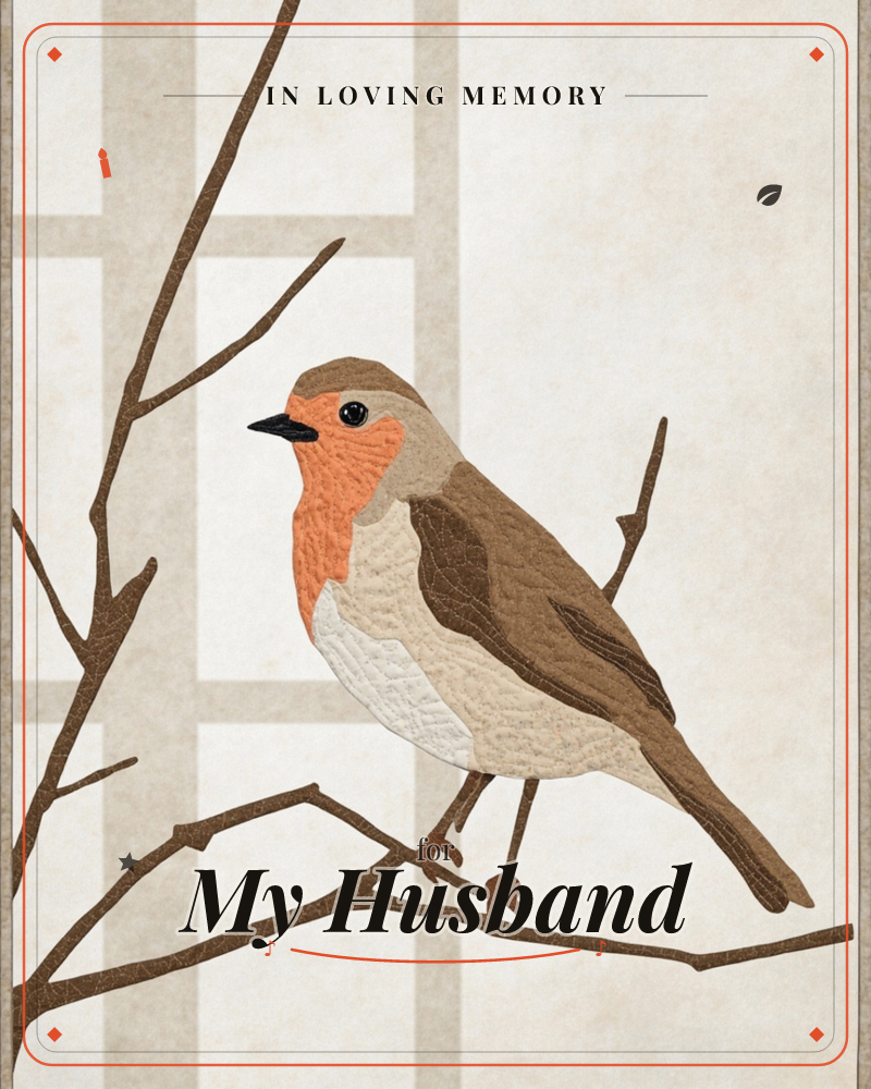 A robin with a bright orange-red breast perches on a bare, forked branch, rendered in a textured, quilted paper-cut style, a memory e-card design