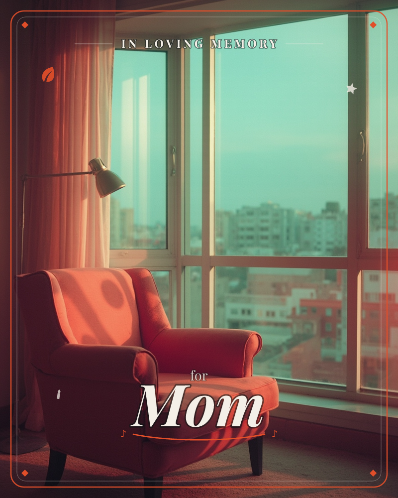 A red armchair sits beside tall windows overlooking a hazy city skyline, warm evening light striping the fabric through sheer curtains, a memory e-card design