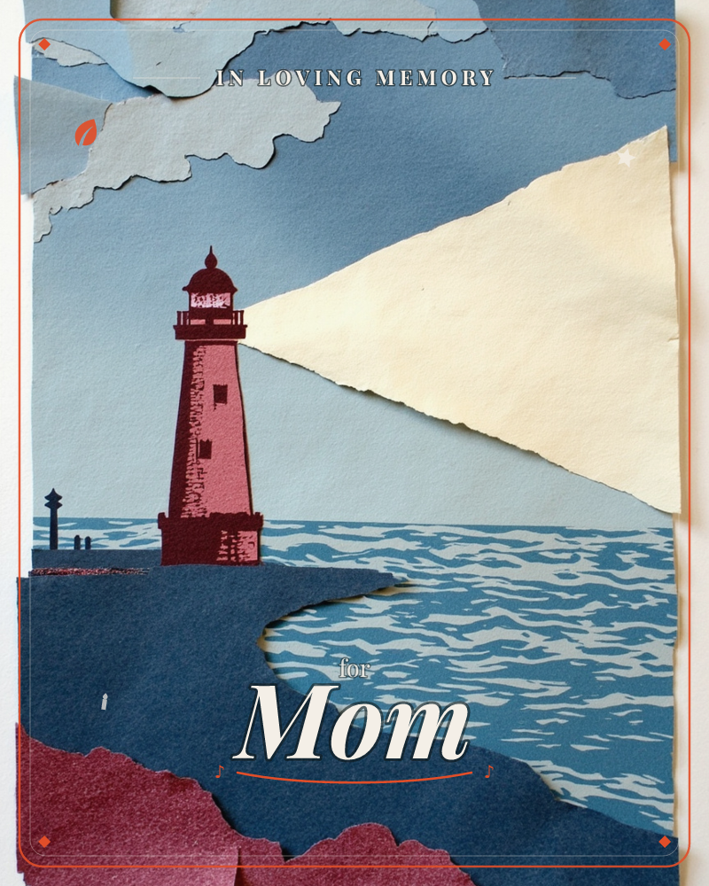 A cut-paper illustration of a red-brick lighthouse on a rocky point, its beam a torn triangle of cream paper sweeping across a deep blue sea, a memory e-card design