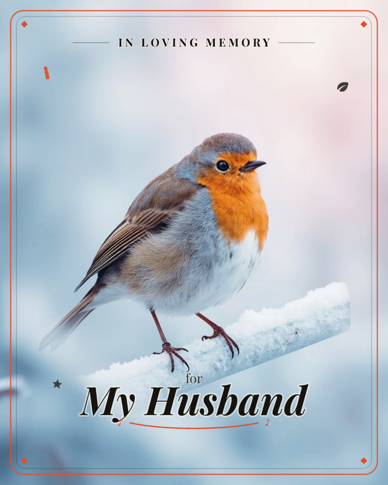 A robin with a bright orange breast perches on a snow-dusted branch, its feathers puffed against the cold, a memory e-card design