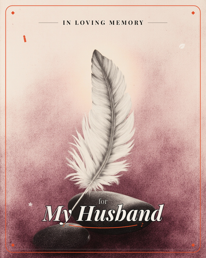 A single pale feather stands upright, balanced on smooth dark stones against a softly clouded rose and charcoal background, a memory e-card design