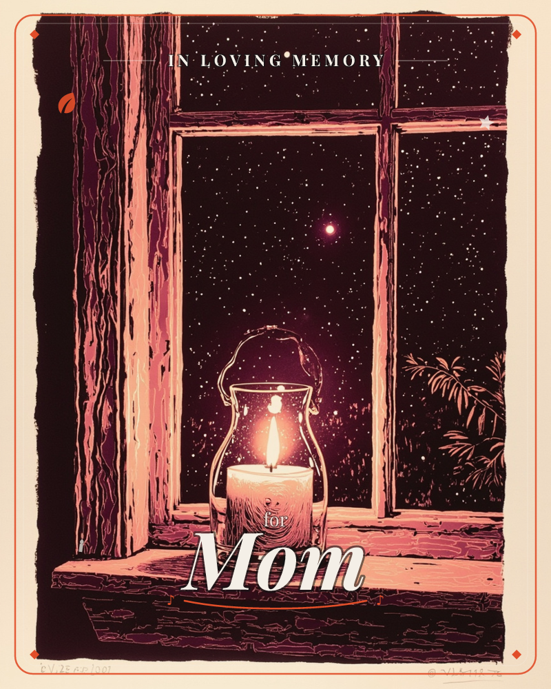 A glass lantern candle sits glowing on a wooden windowsill, its flame reflected in the panes as a starry night sky presses close outside, a memory e-card design