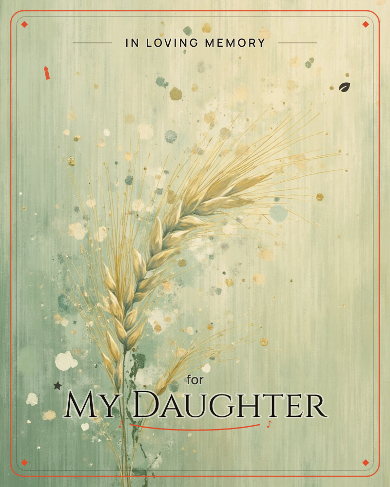 A single stalk of golden wheat curves upward against a soft sage-green background, its fine bristled awns fanning out like delicate rays, a memory e-card design