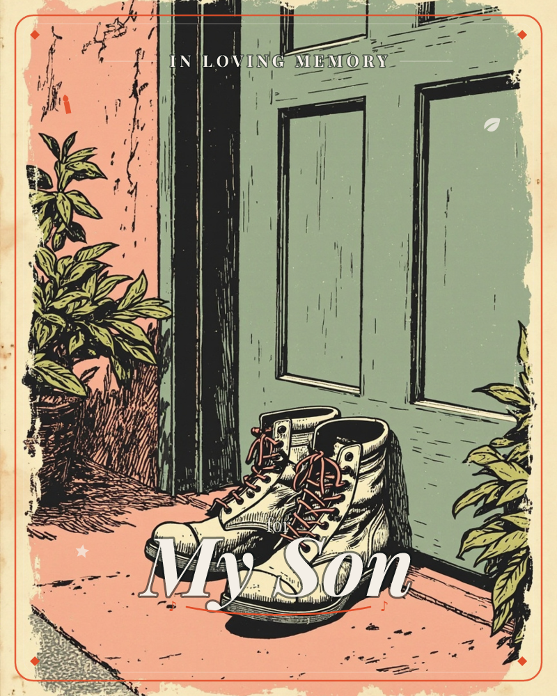 A worn pair of lace-up work boots sits on a doorstep beside a weathered sage-green door, flanked by potted leafy plants and a peach-toned wall, a memory e-card design