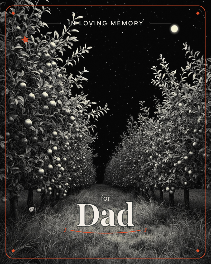 A moonlit orchard path stretches into the dark, flanked by rows of fruit-heavy trees glowing silver against the night, a memory e-card design