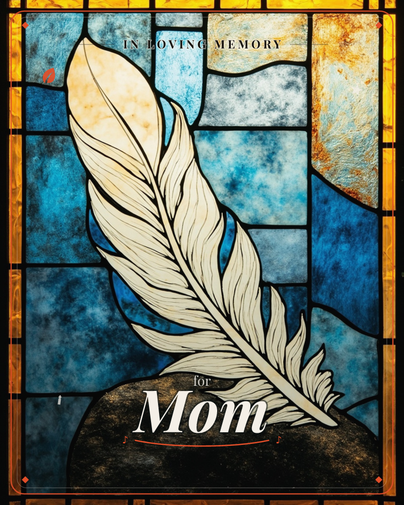 A stained-glass panel shows a single large cream-white feather resting against a mottled backdrop of deep blues and amber gold, its lead lines tracing…, a memory e-card design