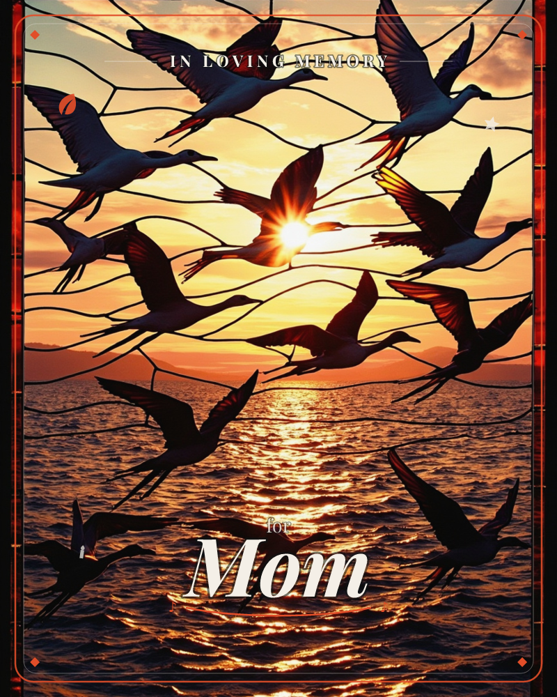 A stained-glass style panel shows a flock of long-legged birds in flight over open water, their bodies leaded in dark outline against a blazing sunset, a memory e-card design