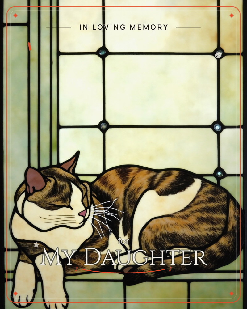 A tabby-and-white cat curls up asleep against a leaded stained-glass window, its body rendered in thick black outlines like true glasswork, a memory e-card design