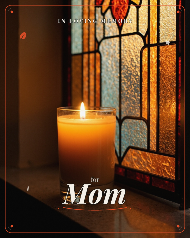 A single glass candle burns on a stone windowsill in front of a stained-glass panel, its amber flame echoing the leaded reds, blues, and golds of the…, a memory e-card design