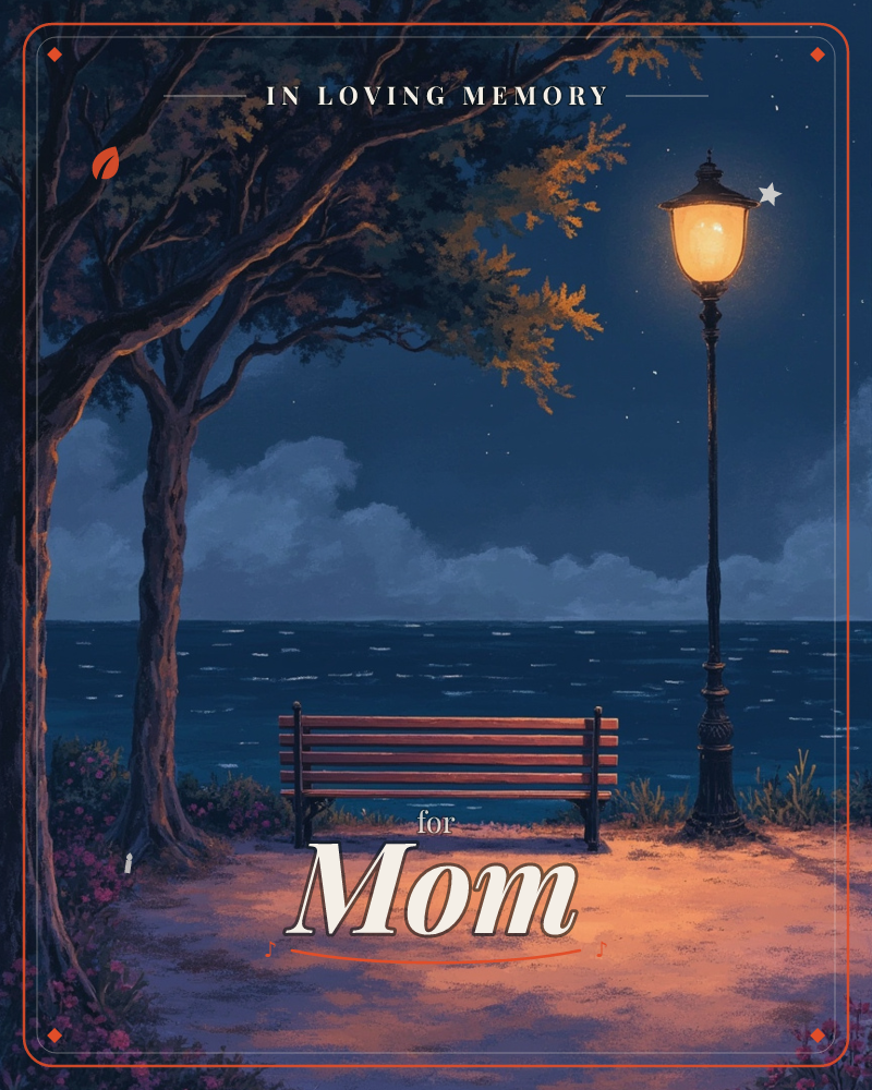 An empty wooden bench sits beneath two leaning trees at the edge of a dark sea, lit by a single glowing lamppost, a memory e-card design