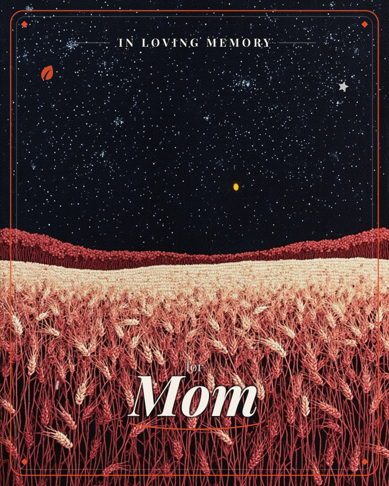 A wheat field stretches across the lower half of the card, its stalks rendered in fine pink and cream detail against a rolling dark red horizon, a memory e-card design