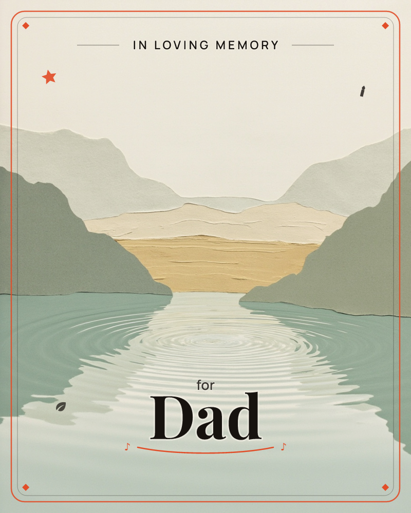 A layered paper-cut landscape shows soft sage mountains framing a golden valley, with pale hazy peaks receding into a misty sky, a memory e-card design