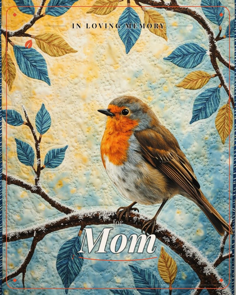 A robin with a bright orange breast perches on a snow-dusted branch, framed by teal and gold leaves stitched with visible quilted texture, a memory e-card design
