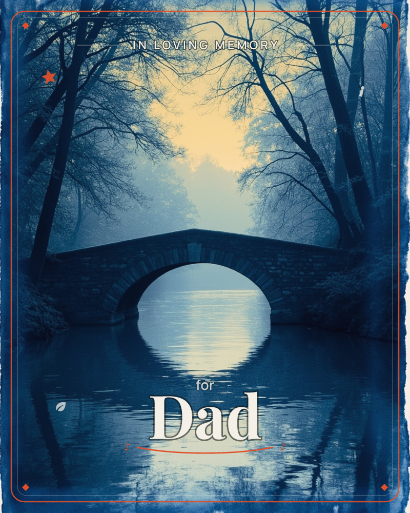 A stone arch bridge spans a still river at dusk, its reflection forming a perfect circle on the water below, a memory e-card design