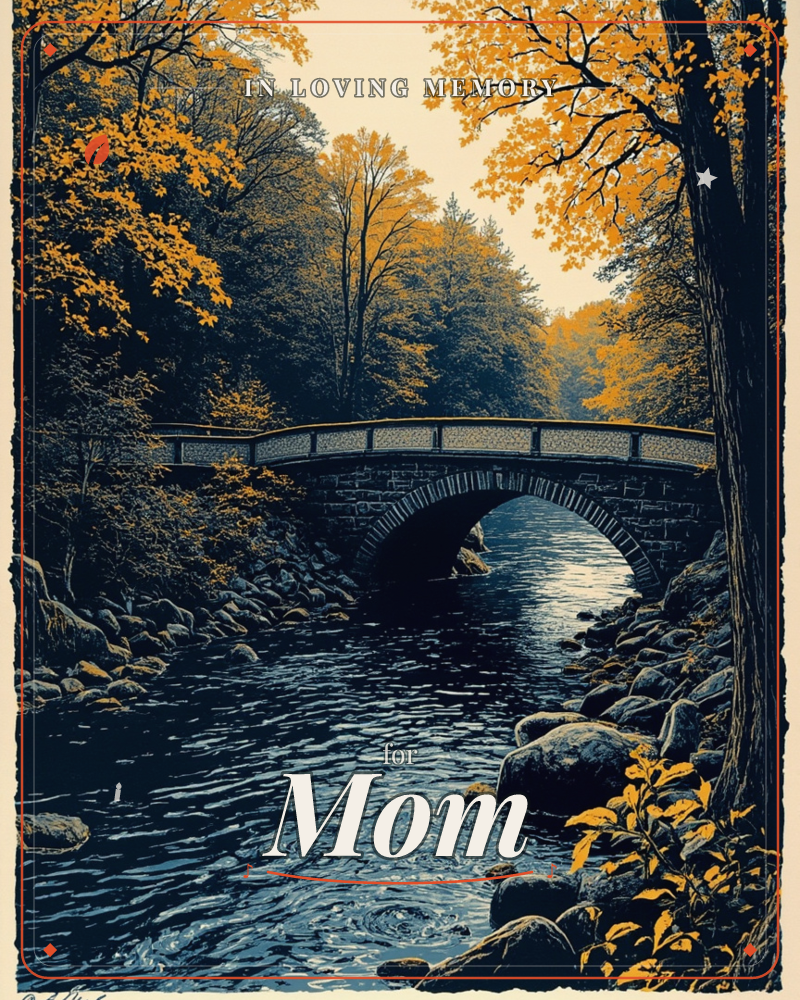 A stone arch bridge curves over a rock-strewn river deep in an autumn wood, its dark silhouette framed by trees glowing gold against a pale, hazy sky, a memory e-card design