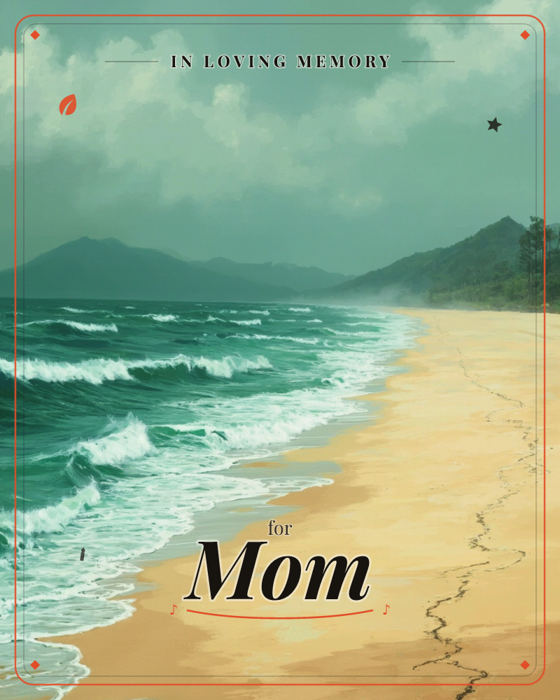 A moody stretch of coastline unfolds beneath heavy storm clouds, with teal waves rolling in against a curving sandy shore, a memory e-card design