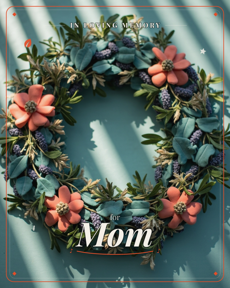 A round wreath of dusty green eucalyptus leaves and lavender sprigs is studded with four coral-pink flowers, laid flat against a teal backdrop, a memory e-card design