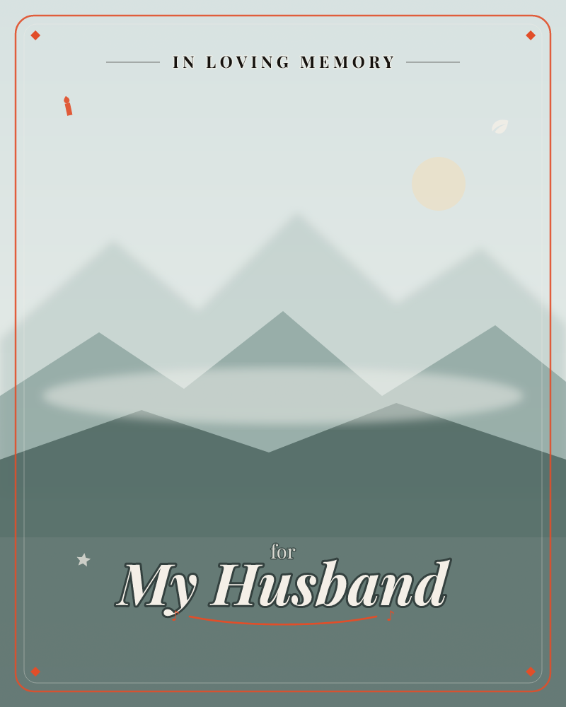 Layered mountain peaks fade from deep slate green in the foreground to pale misty grey in the distance, with a soft cream sun hanging in a hazy sky, a memory e-card design by @DittyCityTeam