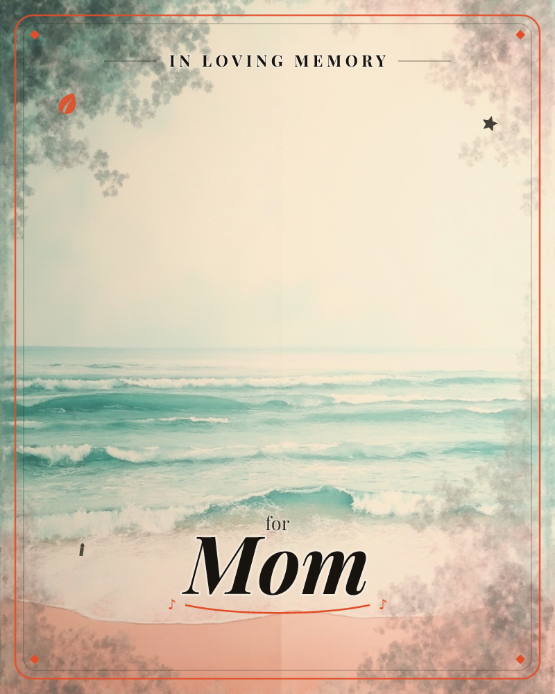 A faded, vintage-toned photograph of turquoise waves rolling gently onto a pale shore, framed by soft, mottled foliage silhouettes in the corners like…, a memory e-card design