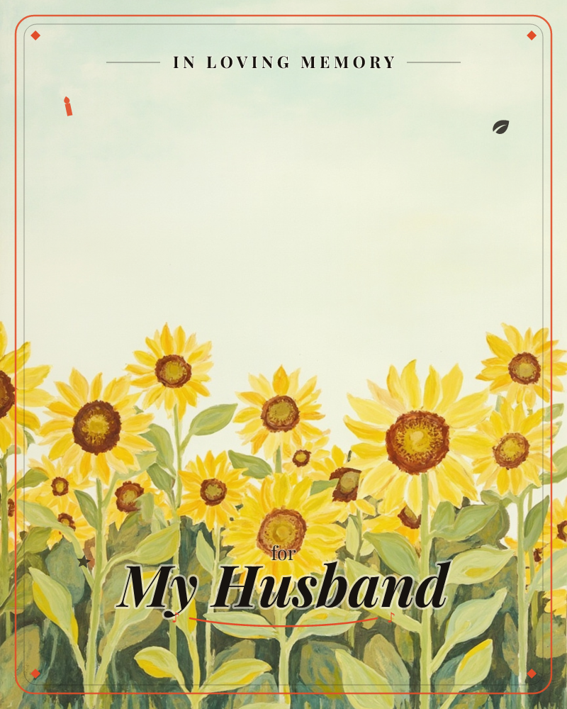 A row of tall sunflowers stretches across the bottom of the page, their bright yellow petals and deep brown centres facing outward under a pale…, a memory e-card design