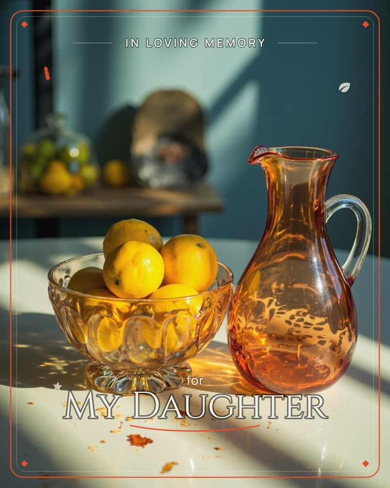 A sunlit still life shows a glass bowl of ripe lemons beside an amber pitcher, their light catching golden reflections across a white tabletop, a memory e-card design