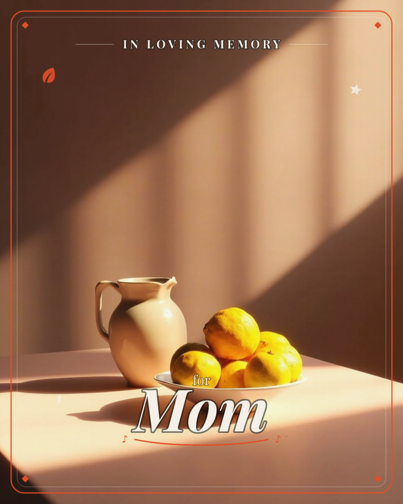 A cream ceramic pitcher stands beside a shallow bowl of lemons on a plain tabletop, caught in a shaft of low afternoon sun that streaks the wall behind…, a memory e-card design